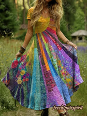 Women's Bohemian Multicolor Patchwork Sun Pattern Art Print Pocket Cotton Dress