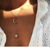 Elegant Moon and Star Layered Pendant Necklace with Rhinestone Details