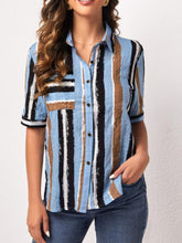 Colorful Stripe Print Shirt Collar Short Sleeve Pocket Casual Shirt