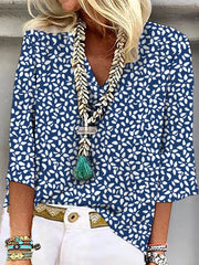 Floral V Neck Three Quarter Sleeve Blouse