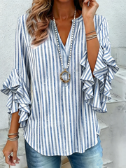 Striped V Neck Ruffle Half Sleeve Blouse