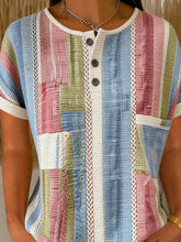 Color Block Geometric Striped Short Sleeve Button Top