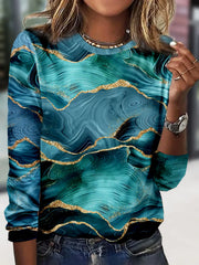 Abstract Marble Print Crew Neck Long Sleeve Casual Tee