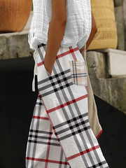 Plaid Print Natural Waist Loose H-Line Long Baggy Casual Pants