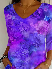 Purple Floral Print V Neck Three Quarter Sleeve Loose T-Line Graphic Tee