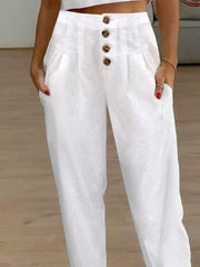 Plain Natural Waist Button Front Lace Cuff Loose H-Line Cotton Long Straight Pants