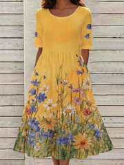 Floral Print Round Neck Half Sleeve Loose High Waist A-Line Cotton Blend Maxi Dress