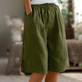 Women Elastic Waist Solid Color Mid-Thigh Linen Casual Comfort Bermuda Shorts With Side Pockets