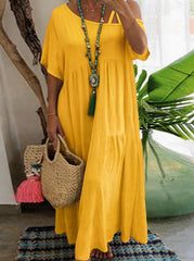 Women Asymmetrical Neckline Short Sleeve Solid Cotton Casual Tiered Maxi Dress
