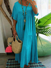 Women Asymmetrical Neckline Short Sleeve Solid Cotton Casual Tiered Maxi Dress