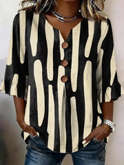 Women Casual Vintage Black Abstract Print V Neck Ruffle Half Sleeve Polyester Blouse