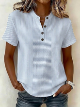 Blue Striped Print Henley V Neck Short Sleeve Casual Summer Women's Shirt