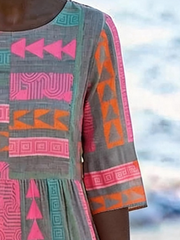 Geometric Print Crew Neck Half Sleeve Loose A-Line Midi Women Summer Dress