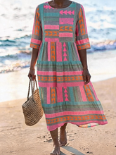 Geometric Print Crew Neck Half Sleeve Loose A-Line Midi Women Summer Dress