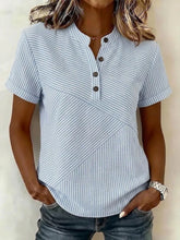 Blue Striped V Neck Button Detail Short Sleeve Regular Fit Summer Women Shirt