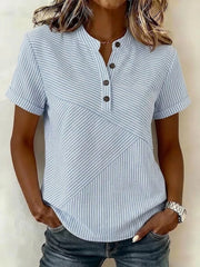 Blue Striped V Neck Button Detail Short Sleeve Regular Fit Summer Women Shirt