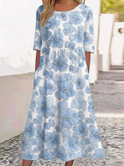 Blue Floral Crew Neck Half Sleeve H-Line Summer Maxi Dress