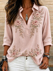Pink Rose Floral Embroidery Shawl Collar Long Sleeve Women Blouse