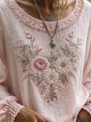 Lightweight Floral Print Crew Neck Long Sleeve Loose Women Blouse