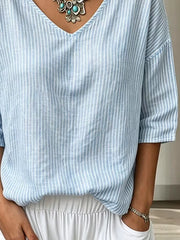 Casual Striped V Neck Three Quarter Sleeve T-shirt