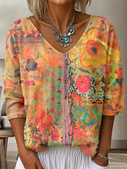 Casual Floral Abstract V Neck Three Quarter Sleeve T-shirt