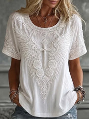 Retro Boho 3D Floral Wing Cross Crew Neck Loose Short Sleeve Casual Top