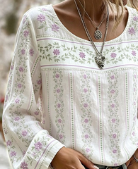 White Floral Print Round Neck Lightweight Long Sleeve Loose Casual Blouse