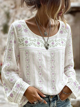White Floral Print Round Neck Lightweight Long Sleeve Loose Casual Blouse