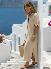 Women Collared Short Sleeve Button Front Relaxed Midi Shirt Dress