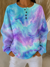 Women Henley Collar Galaxy Ombre Abstract Print Long Sleeve Sweatshirt