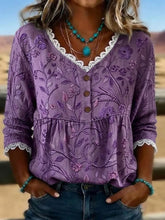 Women V Neck Floral Print Lace Edge Half Sleeve Casual Summer Blouse