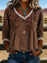 Women V Neck Vintage Floral Print Lace Edge Half Sleeve Casual Summer Blouse