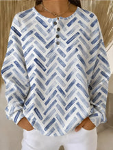 Women Watercolor Chevron Print Henley Neck Long Sleeve Casual Top