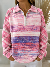 Women Pink Gradient Print Plaid Splicing Half Zip Collar Long Sleeve Sweatshirt