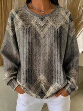 Women Brown Abstract Chevron Print Crew Neck Casual Sweatshirt