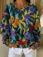 Women Vintage Dark Floral Print Crew Neck Long Sleeve Casual Sweatshirt