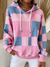 Women Pink Blue Plaid Color Block Hooded Casual Sweatshirt