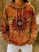 Women Bohemian Sun Mandala Print Orange Washed Hooded Sweatshirt
