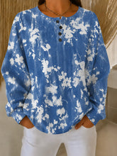 Women White-Blue Floral Print Henley Crew Neck Long Sleeve Sweatshirt