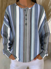 Vertical Stripe Henley Neck Long Sleeve Casual Top