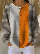 Waffle Knit Stripe Color Block Henley Button Crew Neck Long Sleeve Abstract Print Casual Pullover Sweatshirt