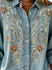 Vintage Floral Embroidered Denim Shirt