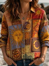 Vintage Sun Moon Ethnic Patchwork Print Long Sleeve Button Down Shirt