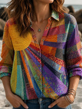 Vintage Sun Moon Ethnic Patchwork Print Long Sleeve Button Down Shirt