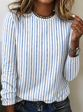 Casual Blue Striped Crew Neck Long Sleeve T-shirt