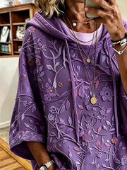 Purple Floral Print Half Sleeve Loose Hoodie