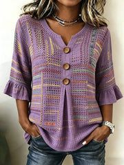 V Neck Half Sleeve Striped Casual Blouse For Women