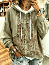 Casual Women's Vintage Patchwork Hoodie with Printed Decorative Buttons (No Real Buttons)