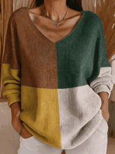 Casual Vintage Color Block V Neck Long Sleeve T-shirt
