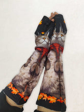 Retro Cat Printed Knit Casual Fingerless Gloves